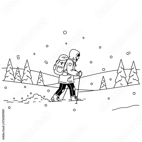 Minimalist vector illustration of a hiker with a backpack trekking in a snowy winter landscape. Simple black and white line art for a coloring book.