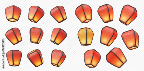 A collection of floating sky lanterns, glowing with warm light against a transparent background.