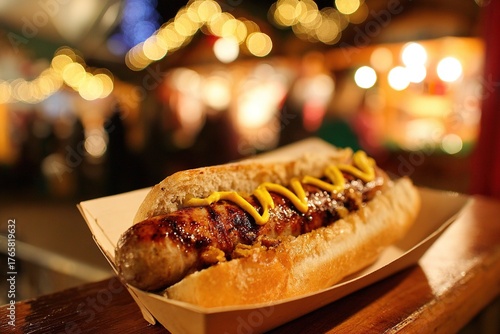 Sizzling Bratwurst sausage in split roll topped with mustard, held in reusable paper tray at Christmas market, bokeh of twinkling market lights and stalls.
