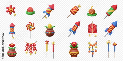A festive collection of Diwali firecrackers and decorations, arranged on a transparent background.