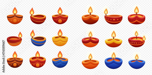 A collection of colorful Diwali oil lamps with flames, arranged in rows on a transparent background.