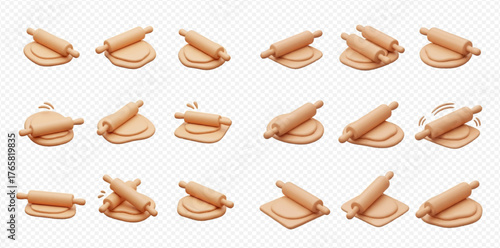 Various depictions of dough being rolled out with a rolling pin.