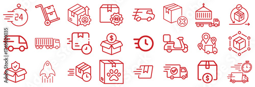 Red Line Icons Representing Shipping, Delivery, and Logistics Services