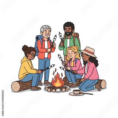 Happy friends roasting marshmallows around a cozy campfire, enjoying the great outdoors and creating lasting memories together on a camping trip