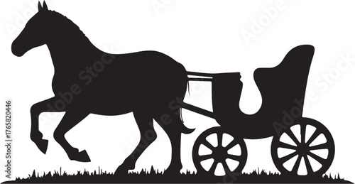Black silhouette of a horse pulling a carriage on grass