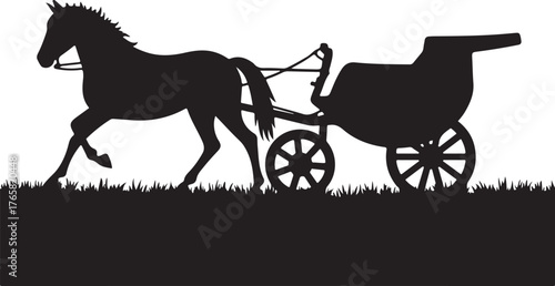 Black silhouette of a horse pulling a carriage on grass