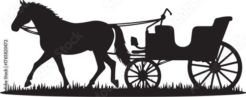 Black silhouette of a horse pulling a carriage on grass