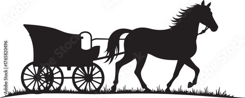 Black silhouette of a horse pulling a carriage over grass