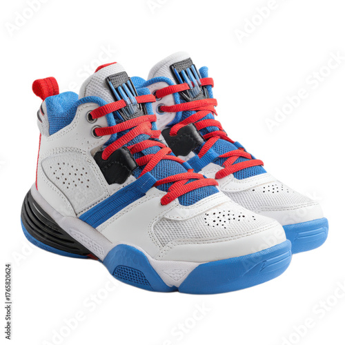 A pair of white and blue sneakers with red laces