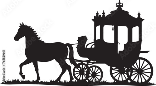 Black silhouette of a horse pulling a carriage white