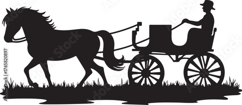 Black silhouette of a horse pulling a carriage with a driver