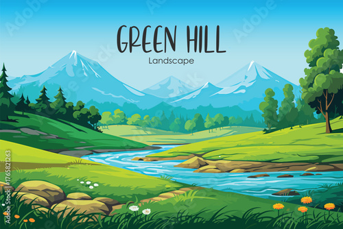 Vector illustration of green hill landscape background with grass and river for nature and outdoor concept