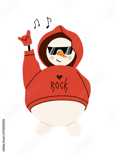 Cheerful snowman in a red rocker hoodie, cool sunglasses and with a rock and roll gesture. Funny illustration of a winter holiday character.