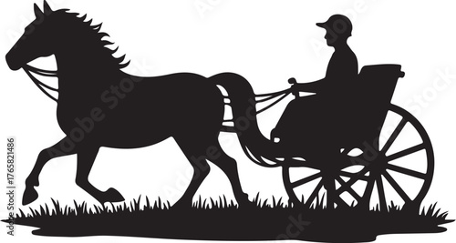 Black silhouette of a horse pulling a cart with a driver