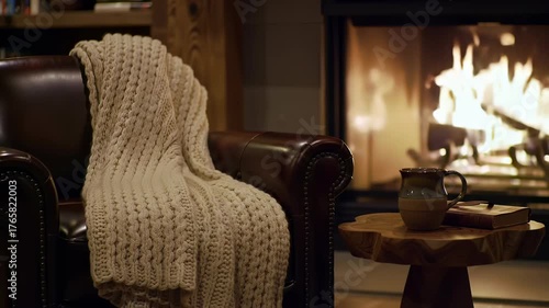 Cozy fireplace warmth creates a relaxing evening ambiance in a comfortable livingroom with a knitted blanket and warm beverage.