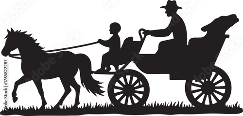 Black silhouette of horse drawn carriage with driver and child