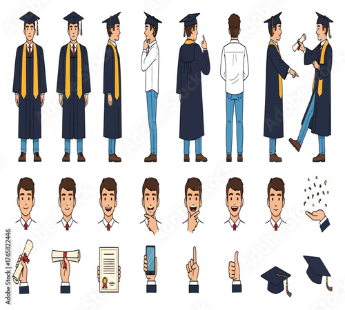 Illustration of a male graduate in various poses and expressions, wearing a graduation gown and cap, isolated on white background, showcasing different angles and accessories for academic achievement