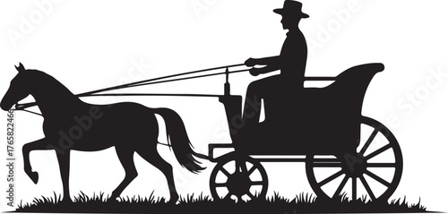 Black silhouette of horse drawn carriage with driver