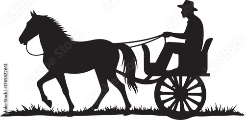 Black silhouette of horse pulling a cart with a person