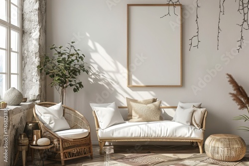 Fototapeta Naklejka Na Ścianę i Meble -  Mockup frame in minimalist nomadic interior background, 3d render