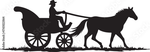 Black silhouette of horse pulling carriage with driver