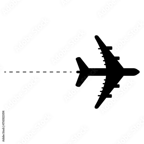 Black airplane jet aircraft silhouette icon for travel aviation flight and transportation design concepts isolated on white background for commercial airlines and tourism graphics