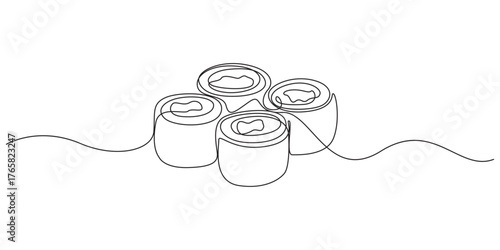 Continuous Line Art Drawing of Sushi Rolls,Sushi rolls, Hosomaki, maki one line art. Continuous line drawing of sushi, japanese, food,one line art vector illustration,