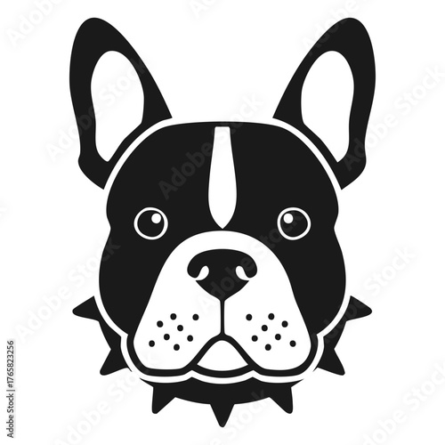 French Bulldog Face Icon with Spiked Collar, Black and White Cute Pet Head Graphic
