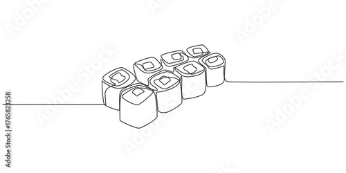 Continuous Line Art Drawing of Sushi Rolls,Sushi rolls, Hosomaki, maki one line art. Continuous line drawing of sushi, japanese, food,one line art vector illustration,