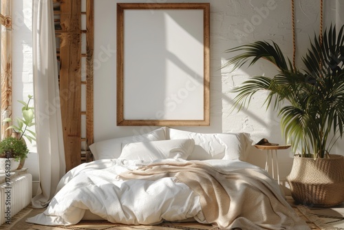 Fototapeta Naklejka Na Ścianę i Meble -  Mockup frame in light cozy and simple bedroom interior background, 3d render