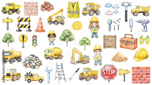 Construction Workers And Heavy Machinery Are Ready
watercolor Illustrations 
Bright Building Tools And Happy Children Work
