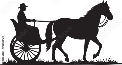 Black silhouette of horse pulling carriage with person
