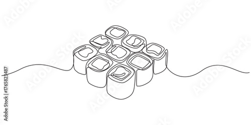 Continuous Line Art Drawing of Sushi Rolls,Sushi rolls, Hosomaki, maki one line art. Continuous line drawing of sushi, japanese, food,one line art vector illustration,