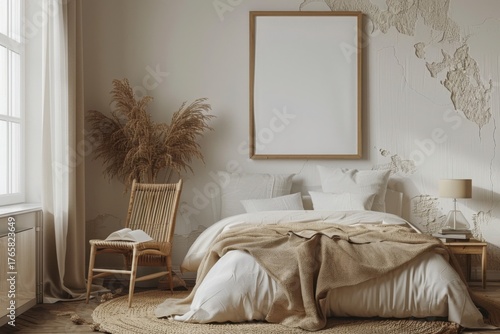 Fototapeta Naklejka Na Ścianę i Meble -  Mockup frame in light cozy and simple bedroom interior background, 3d render
