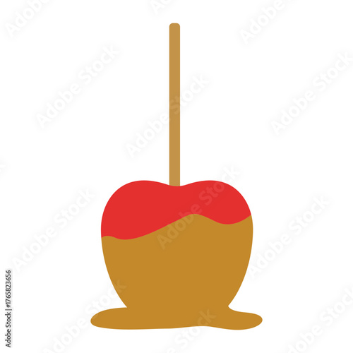 Flat Design Caramel Apple Icon with Red Candy Dip and Wooden Stick, Fall and Halloween Treat