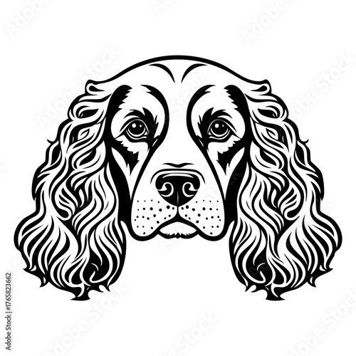 Detailed Black and White Line Art Portrait of a Cocker Spaniel Dog Face with Long Curly Ears