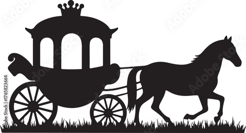 Black silhouette of horse pulling ornate carriage over grass