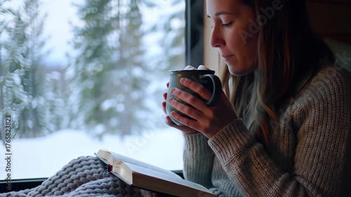Cozy Winter Comfort: A young White woman (20s-30s) is wrapped in a warm blanket, reading a book and enjoying hot chocolate with marshmallows by a window looking out at snowy evergreen trees.