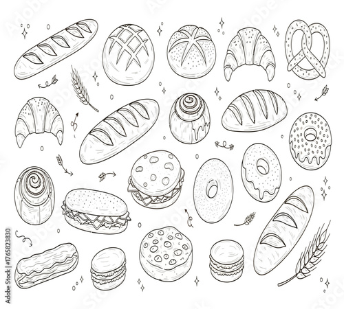 Detailed line art illustration of various breads and pastries, including baguette, croissant, donut, and sandwich, isolated on white background perfect for bakery or foodrelated designs