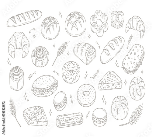 Detailed line art illustration of various breads and pastries, including baguette, croissant, donut, and sandwich, isolated on white background perfect for bakery or foodrelated designs