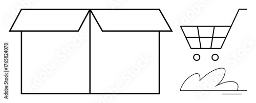 Open cardboard box next to a minimalistic shopping cart with abstract details. Ideal for eCommerce, delivery, shipping, logistics, retail, packaging, consumer behavior. Simple flat metaphor