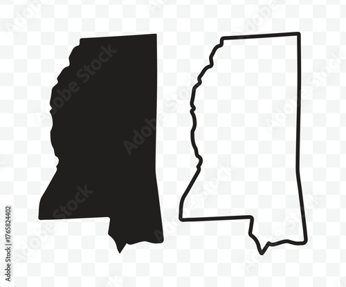 Black silhouette and outline maps of the state of Mississippi, USA