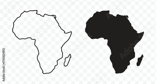 Outline and solid black silhouette maps of the African continent