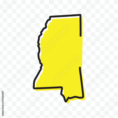 Outline map of Mississippi state in bright yellow with a hand-drawn doodle style