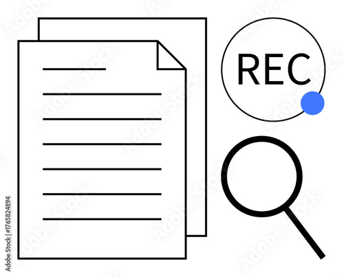 Papers with text lines, a REC icon with a blue dot, and a magnifying glass. Ideal for data review, archiving, investigation, search, auditing recording analysis. Simple flat metaphor