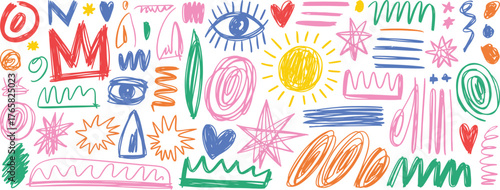 Doodle elements crown sun eye heart star scribble abstract