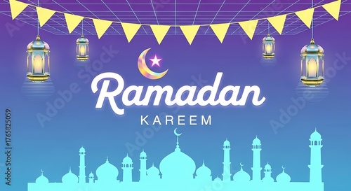 Ramadan Kareem Greeting with Mosque, Moon, and Lanterns