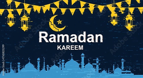 Ramadan Kareem Celebration Banner with Mosques and Lanterns