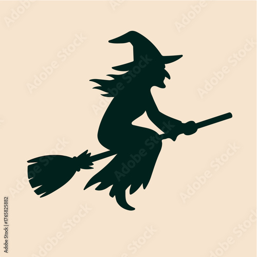 PrintSilhouette of a witch flying on a broomstick against a light background