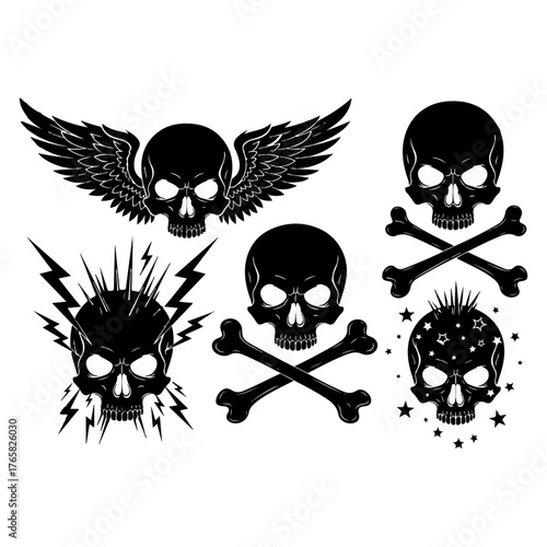 Gothic Punk Skull Silhouettes with Wings, Crossbones, Lightning, and Stars - Dark Tattoo Theme
